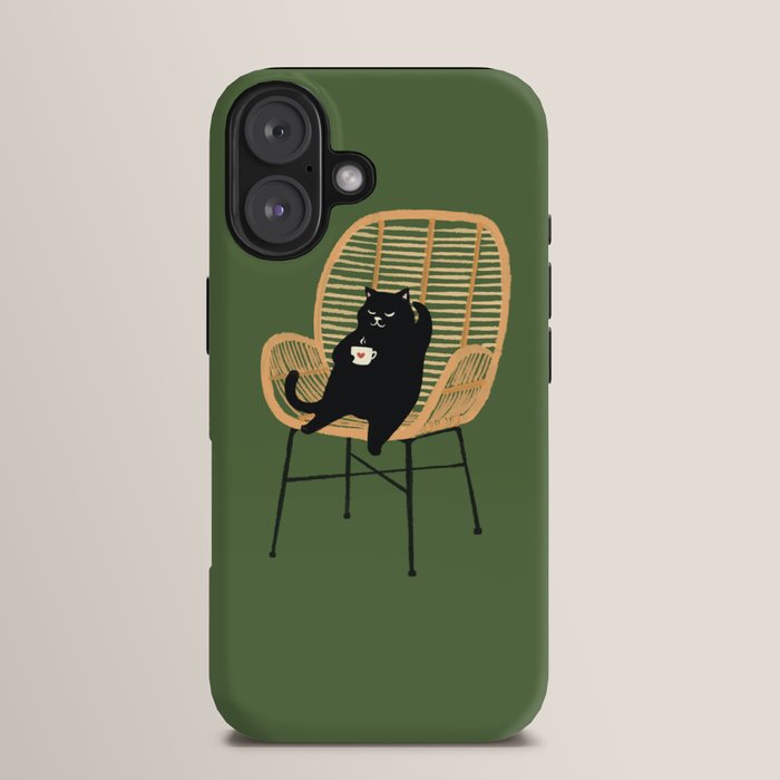 Lazy cat 2b Green enjoy coffee on rattan chair iPhone Case Gallery Image 13