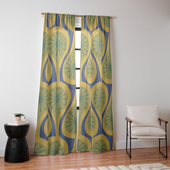 Mid Century Modern Atomic Drops Pattern Green Mustard Blue Window Curtain Gallery Image 10