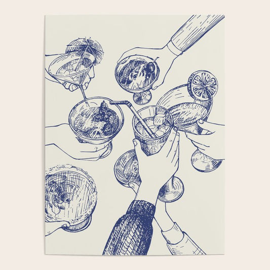 Cheers Dears - Blue Vintage Cocktails Illustration Poster Gallery Image 2