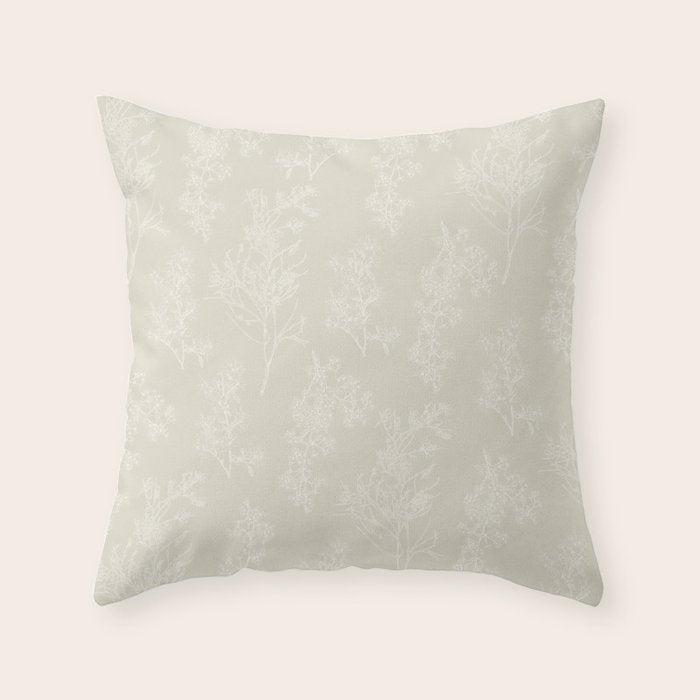 Botanical Cottage Floral Pattern in Light Mushroom Beige and Cream Throw Pillow Gallery Image 1