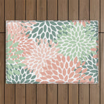 Festive, Abstract Floral Prints, Coral and Green Outdoor Rug Gallery Image 1