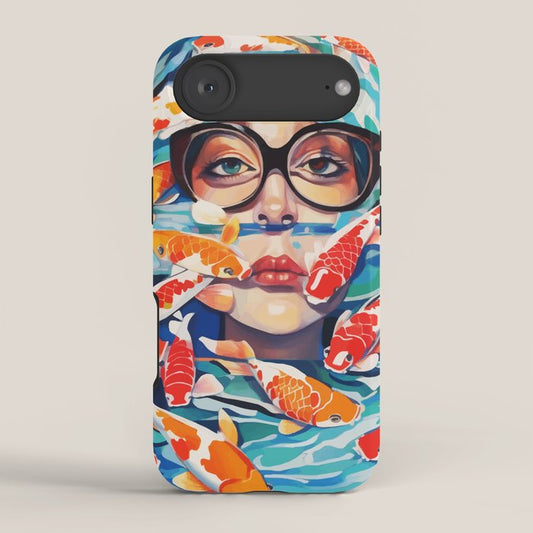 Point of View, Individuality Koi Fish Yoga Meditation, Woman Glasses Vision Concept, Fishpond Eclectic Vintage Painting iPhone Case Gallery Image 2
