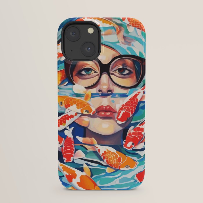 Point of View, Individuality Koi Fish Yoga Meditation, Woman Glasses Vision Concept, Fishpond Eclectic Vintage Painting iPhone Case Gallery Image 29