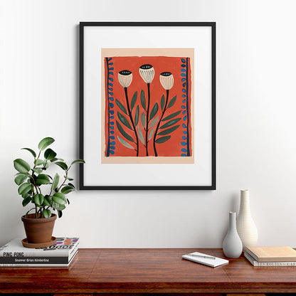 Terracotta Poppy Pod Folk Art Framed Art Print Gallery Image 7