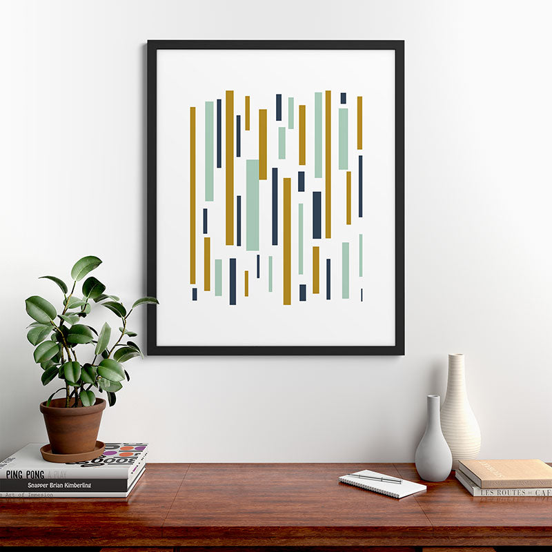 Interrupted Lines Mid-Century Modern Minimalist Pattern in Navy Blue, Teal Mint, Gold Mustard, White Framed Art Print Gallery Image 48