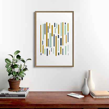 Interrupted Lines Mid-Century Modern Minimalist Pattern in Navy Blue, Teal Mint, Gold Mustard, White Framed Art Print Gallery Image 18