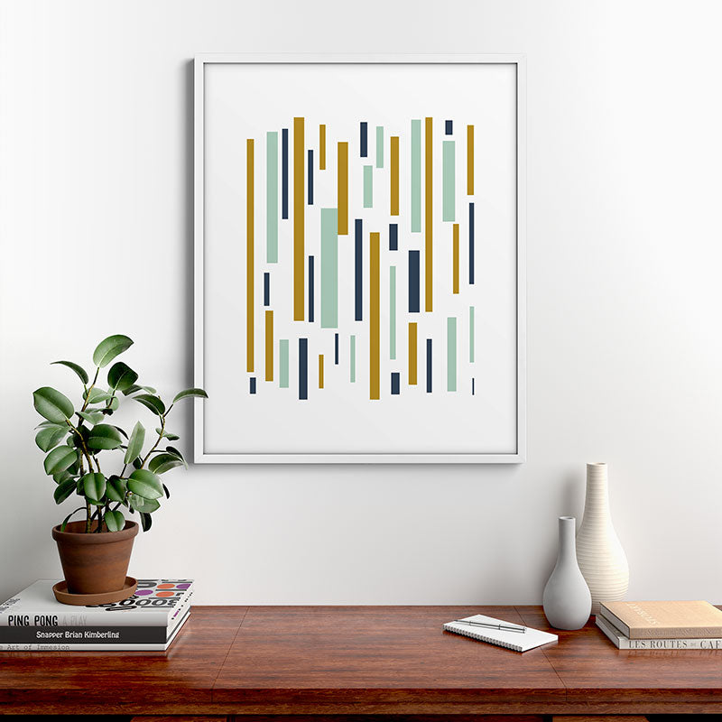 Interrupted Lines Mid-Century Modern Minimalist Pattern in Navy Blue, Teal Mint, Gold Mustard, White Framed Art Print Gallery Image 39