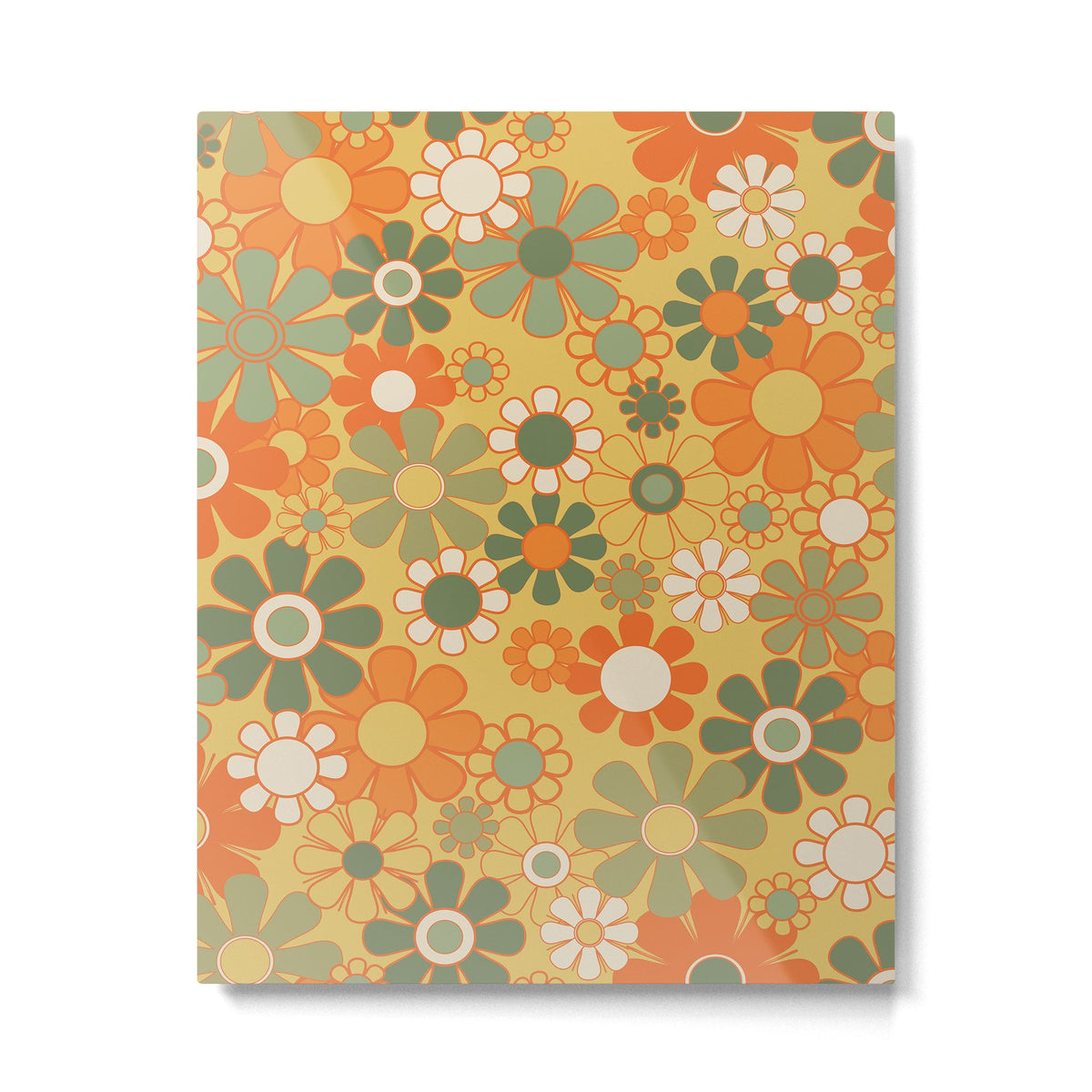 Retro 70s Floral Pattern in Mossy Sage Olive Green Orange Mustard Metal Print Gallery Image 3