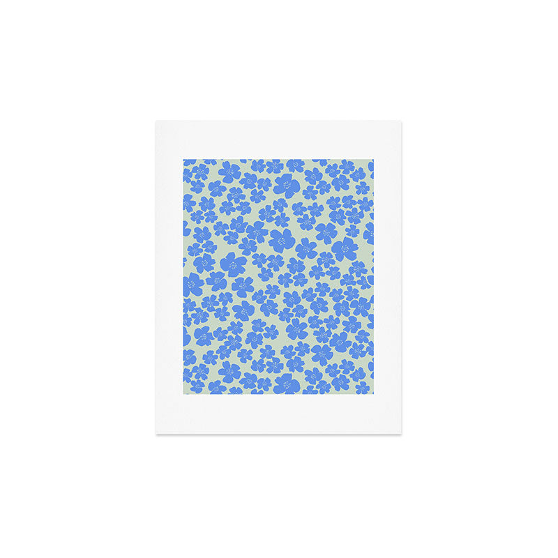 Blue flower blossom scatter on soft green Art Print Gallery Image 4