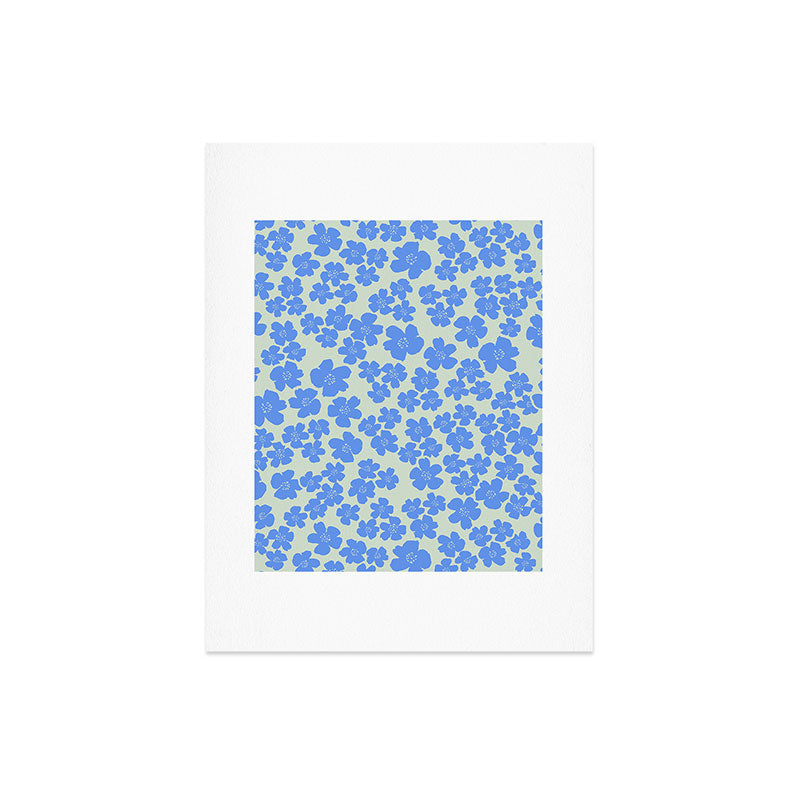 Blue flower blossom scatter on soft green Art Print Gallery Image 8