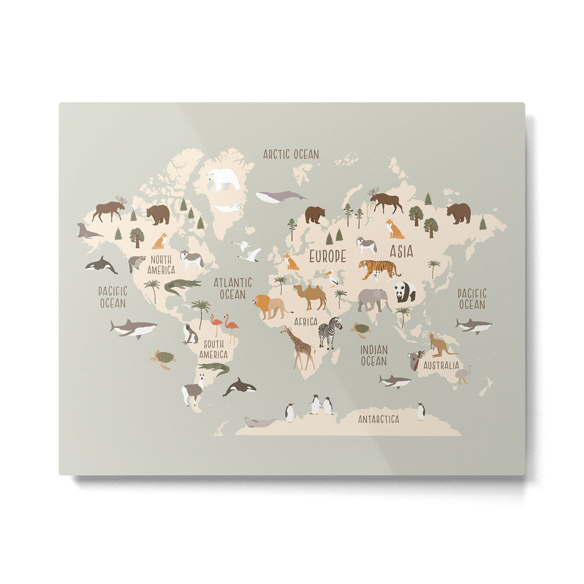 Kids world map with animals in green Metal Print Gallery Image 1