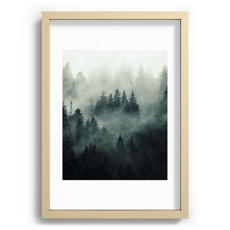 Green misty mountain pine forest in cloudy and rainy - vintage style photo Framed Art Print Gallery Image 97