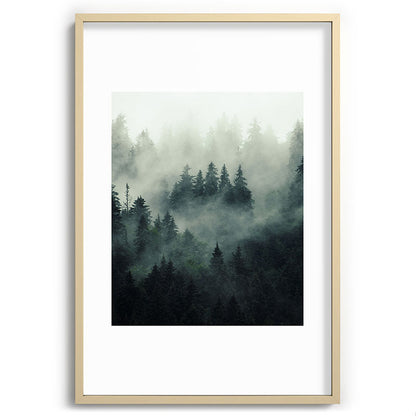 Green misty mountain pine forest in cloudy and rainy - vintage style photo Framed Art Print Gallery Image 102