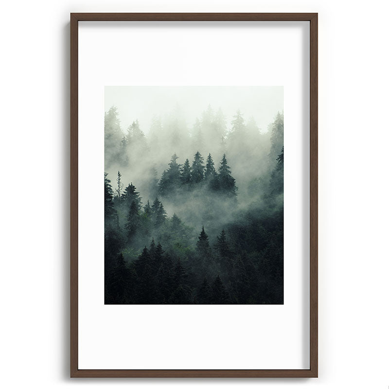 Green misty mountain pine forest in cloudy and rainy - vintage style photo Framed Art Print Gallery Image 94