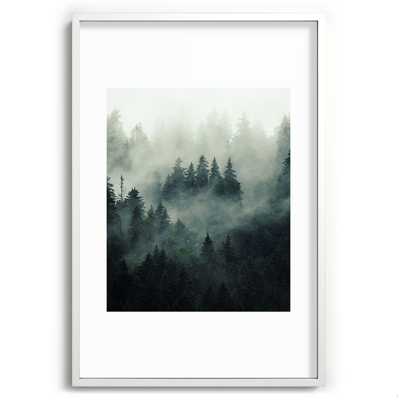 Green misty mountain pine forest in cloudy and rainy - vintage style photo Framed Art Print Gallery Image 110