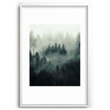Green misty mountain pine forest in cloudy and rainy - vintage style photo Framed Art Print Gallery Image 110