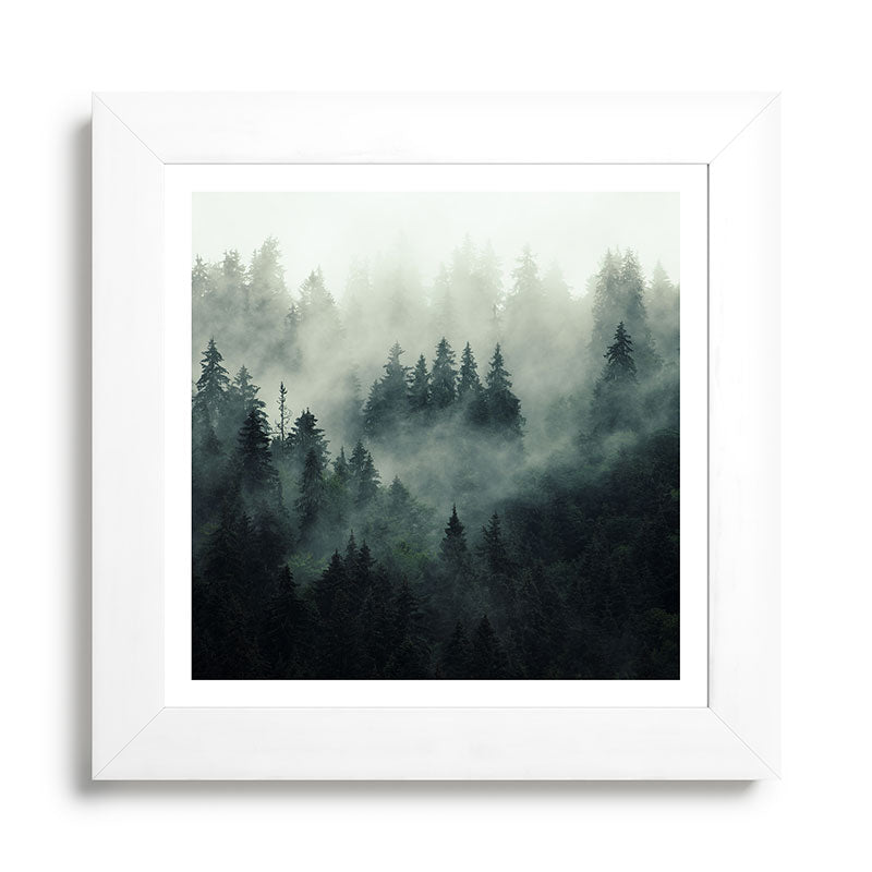 Green misty mountain pine forest in cloudy and rainy - vintage style photo Framed Art Print Gallery Image 79