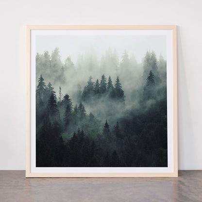 Green misty mountain pine forest in cloudy and rainy - vintage style photo Framed Art Print Gallery Image 77