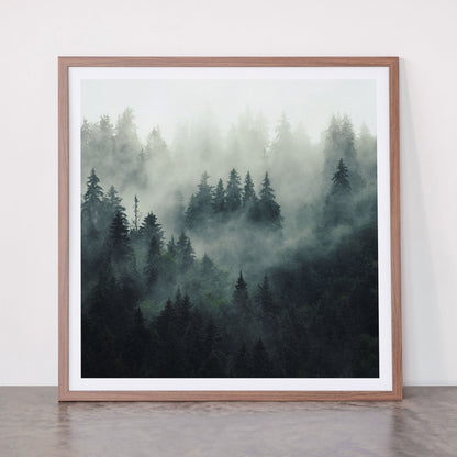 Green misty mountain pine forest in cloudy and rainy - vintage style photo Framed Art Print Gallery Image 66
