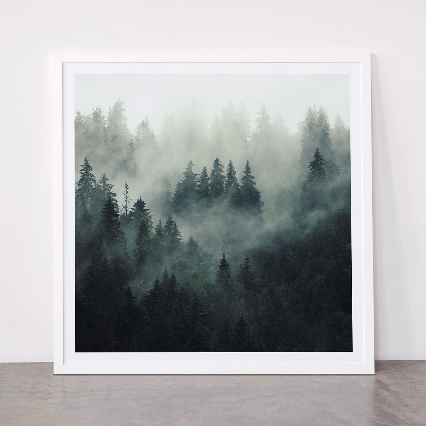 Green misty mountain pine forest in cloudy and rainy - vintage style photo Framed Art Print Gallery Image 87