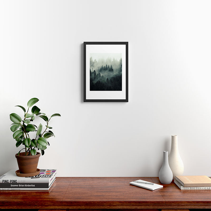 Green misty mountain pine forest in cloudy and rainy - vintage style photo Framed Art Print Gallery Image 4
