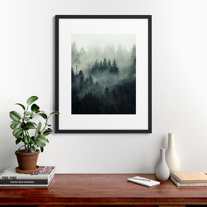 Green misty mountain pine forest in cloudy and rainy - vintage style photo Framed Art Print Gallery Image 48