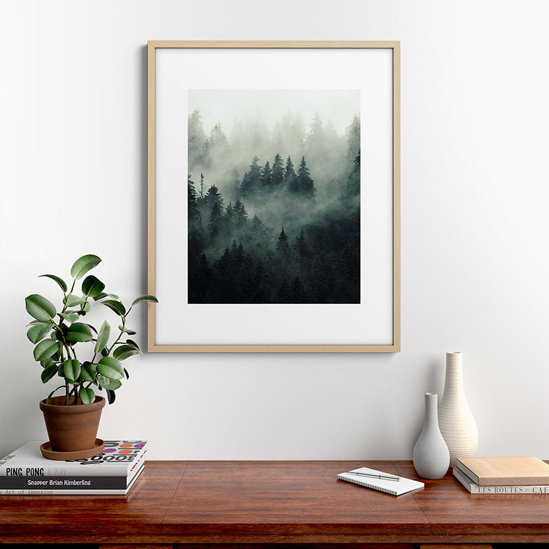 Green misty mountain pine forest in cloudy and rainy - vintage style photo Framed Art Print Gallery Image 29