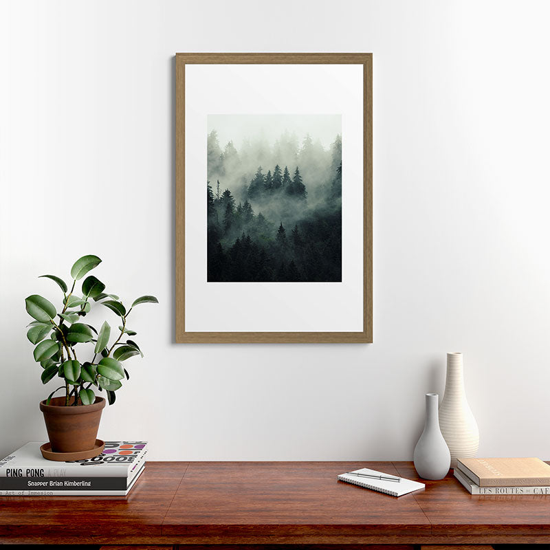 Green misty mountain pine forest in cloudy and rainy - vintage style photo Framed Art Print Gallery Image 56