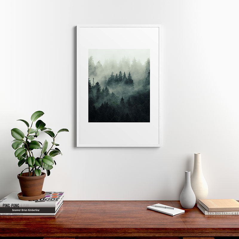 Green misty mountain pine forest in cloudy and rainy - vintage style photo Framed Art Print Gallery Image 37