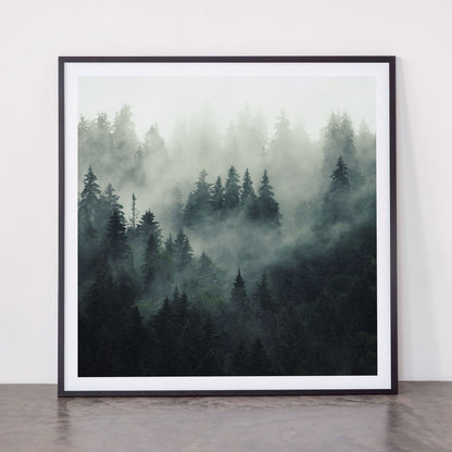 Green misty mountain pine forest in cloudy and rainy - vintage style photo Framed Art Print Gallery Image 11