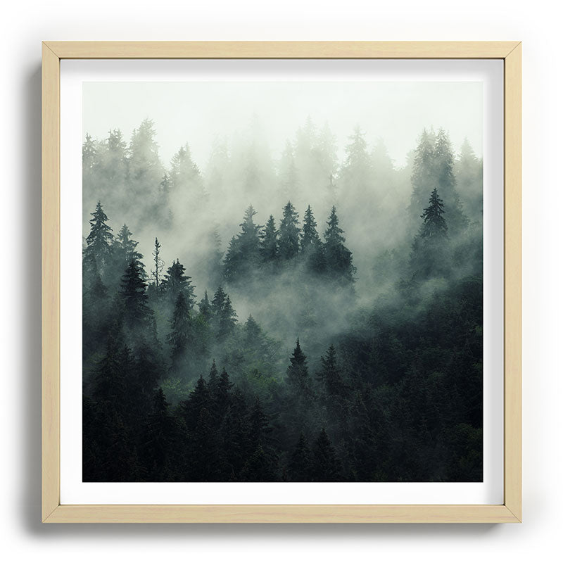 Green misty mountain pine forest in cloudy and rainy - vintage style photo Framed Art Print Gallery Image 109