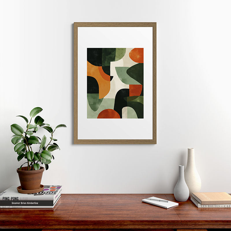 Earthy Mid-Century Abstract Composition in Olive, Rust, and Charcoal Tones Framed Art Print Gallery Image 41