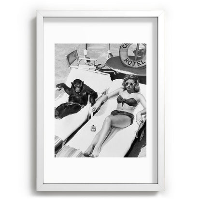 Lady and Chimp Sunbathing, Black and White, Vintage Art Framed Art Print Gallery Image 77