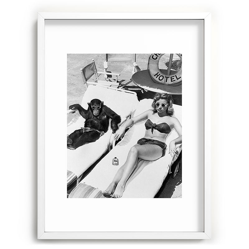 Lady and Chimp Sunbathing, Black and White, Vintage Art Framed Art Print Gallery Image 79