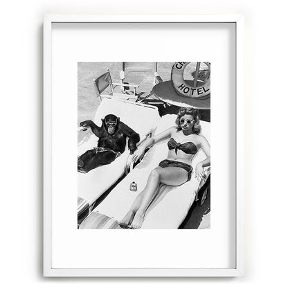 Lady and Chimp Sunbathing, Black and White, Vintage Art Framed Art Print Gallery Image 79
