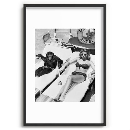 Lady and Chimp Sunbathing, Black and White, Vintage Art Framed Art Print Gallery Image 62
