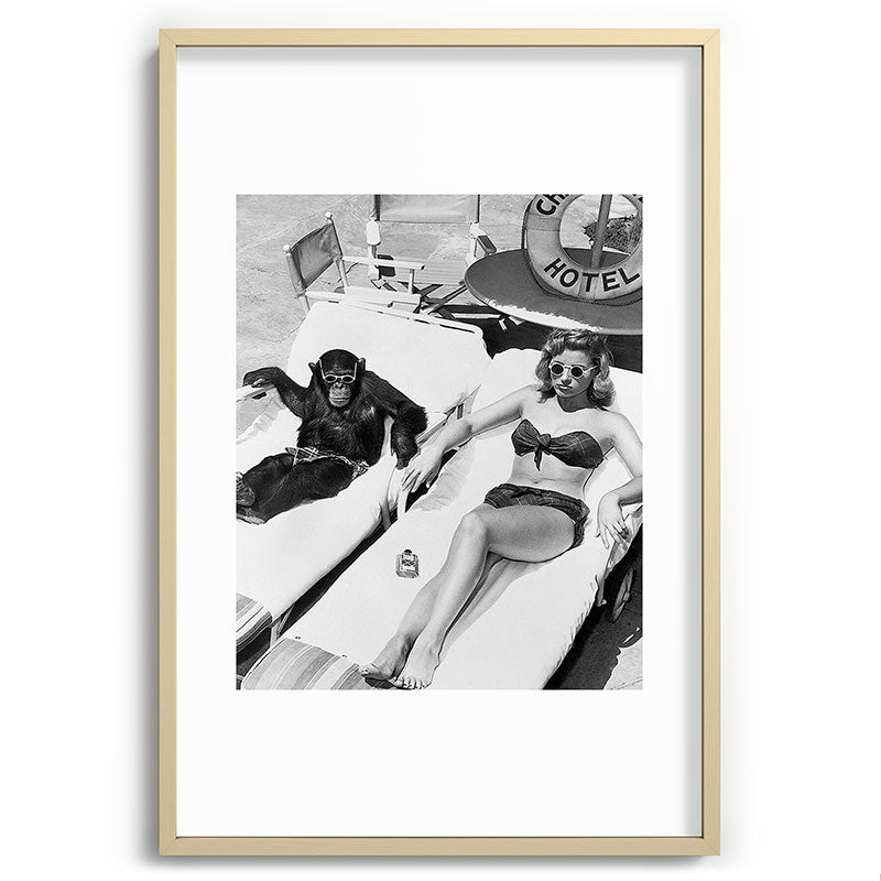Lady and Chimp Sunbathing, Black and White, Vintage Art Framed Art Print Gallery Image 74