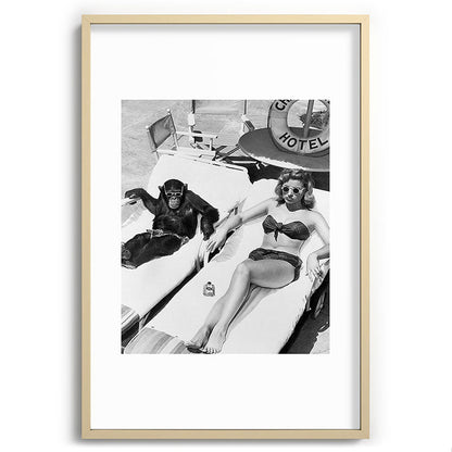 Lady and Chimp Sunbathing, Black and White, Vintage Art Framed Art Print Gallery Image 74