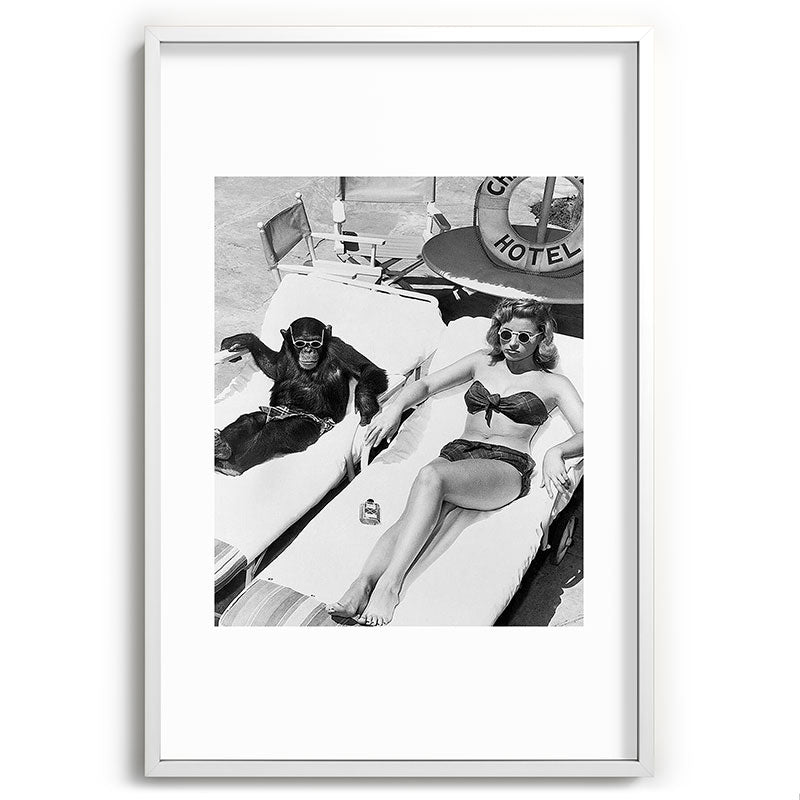 Lady and Chimp Sunbathing, Black and White, Vintage Art Framed Art Print Gallery Image 80