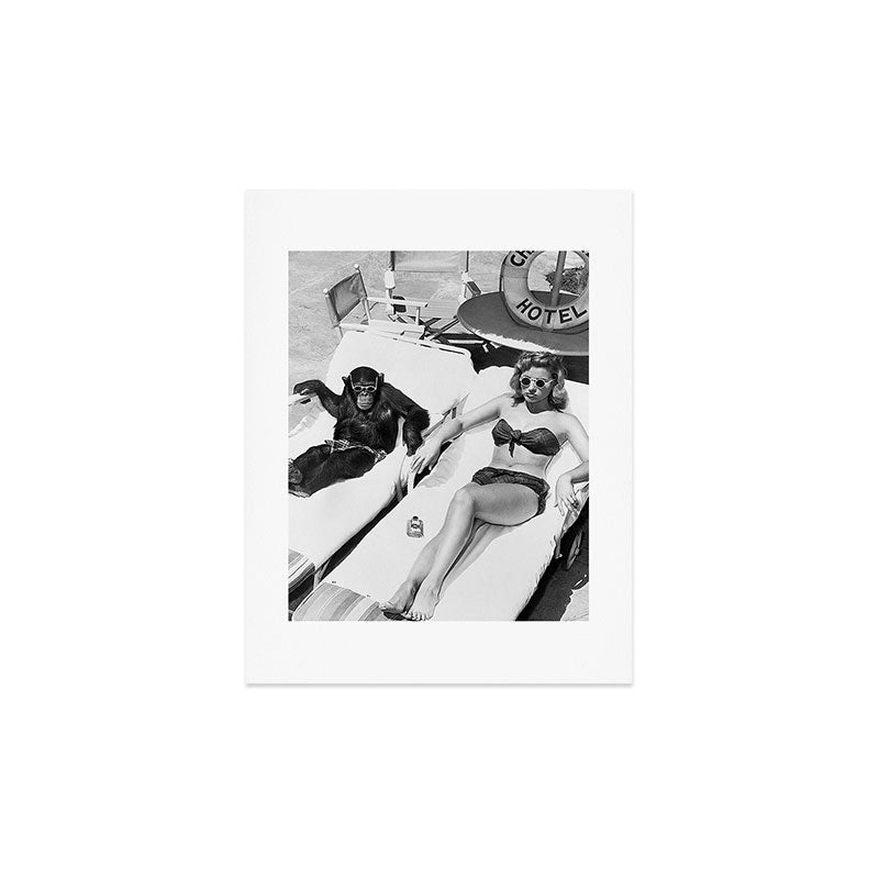 Lady and Chimp Sunbathing, Black and White, Vintage Art Art Print Gallery Image 3