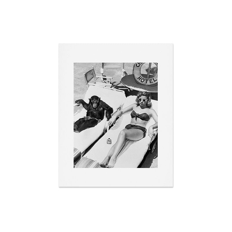Lady and Chimp Sunbathing, Black and White, Vintage Art Art Print Gallery Image 5