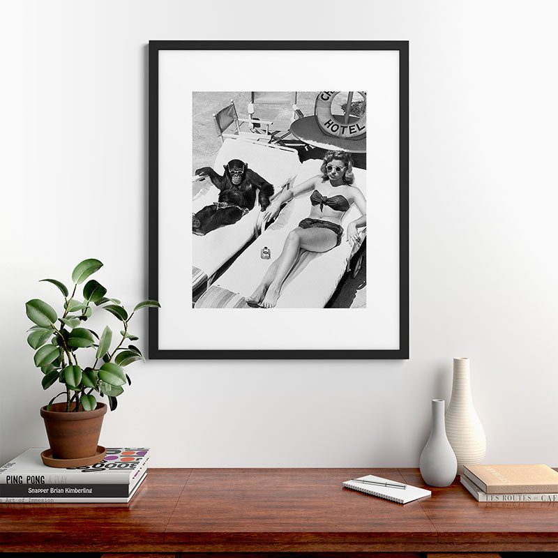 Lady and Chimp Sunbathing, Black and White, Vintage Art Framed Art Print Gallery Image 35
