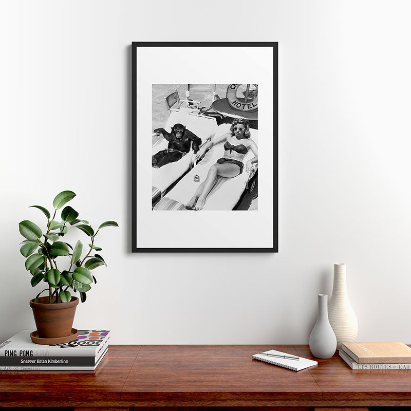Lady and Chimp Sunbathing, Black and White, Vintage Art Framed Art Print Gallery Image 6