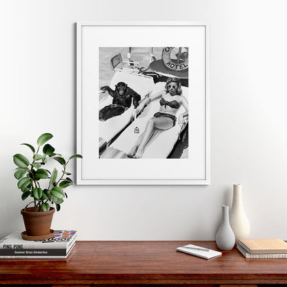 Lady and Chimp Sunbathing, Black and White, Vintage Art Framed Art Print Gallery Image 56