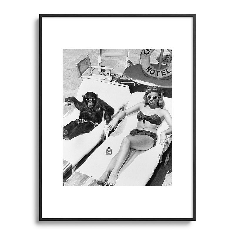 Lady and Chimp Sunbathing, Black and White, Vintage Art Framed Art Print Gallery Image 85