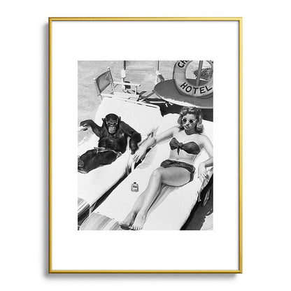 Lady and Chimp Sunbathing, Black and White, Vintage Art Framed Art Print Gallery Image 92