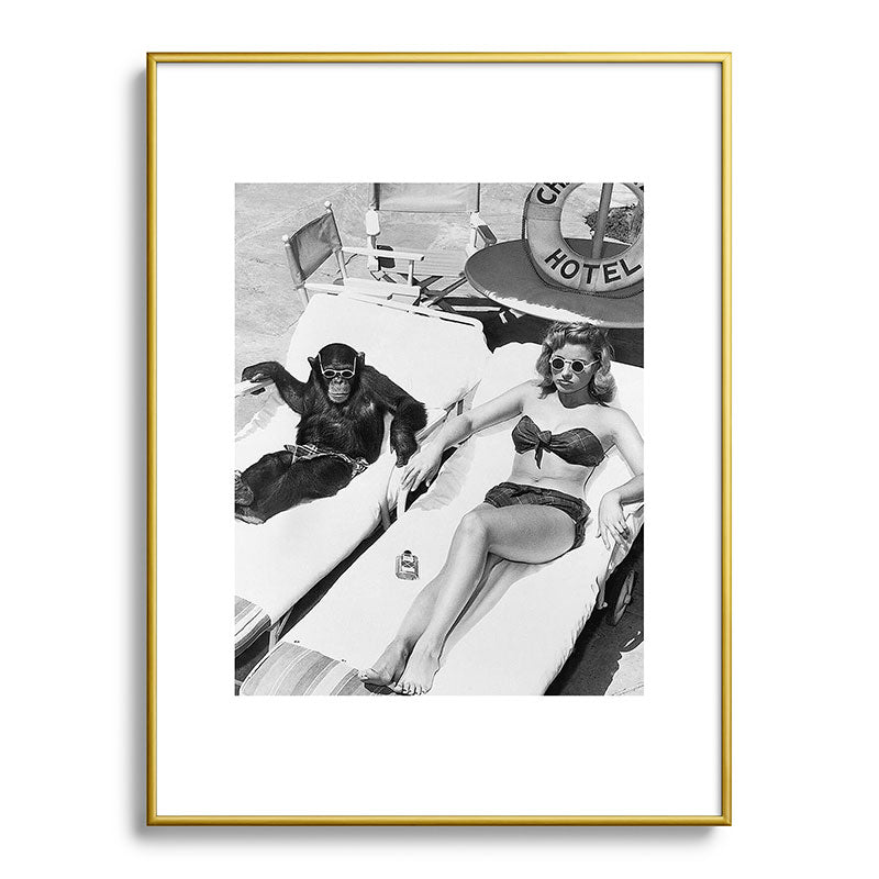 Lady and Chimp Sunbathing, Black and White, Vintage Art Framed Art Print Gallery Image 91