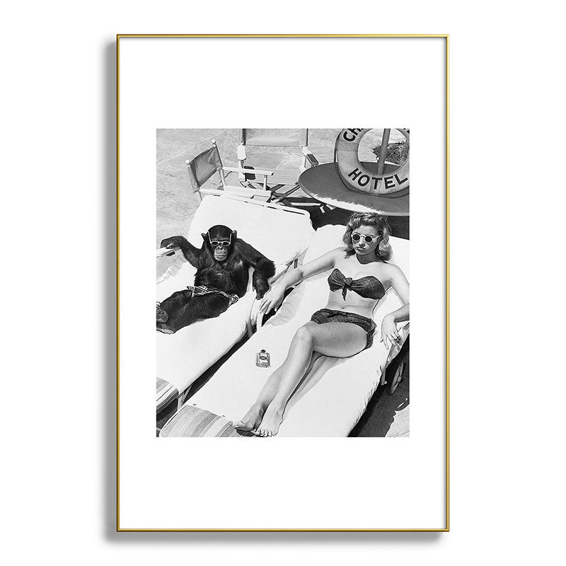 Lady and Chimp Sunbathing, Black and White, Vintage Art Framed Art Print Gallery Image 93
