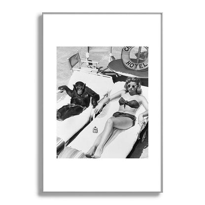 Lady and Chimp Sunbathing, Black and White, Vintage Art Framed Art Print Gallery Image 101