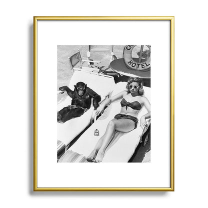 Lady and Chimp Sunbathing, Black and White, Vintage Art Framed Art Print Gallery Image 89